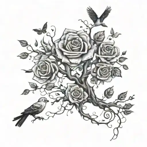 Roses Tree Vines And Birds Flying