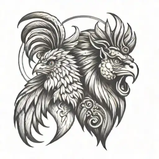 Lion And Rooster Head With Cancer Ribbon Tattoo Design
