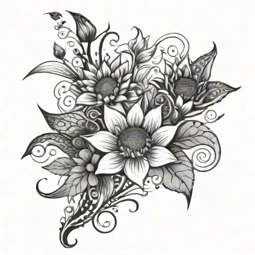 Flower Tendril With Lotus Flowers And Waves With Sunflowers