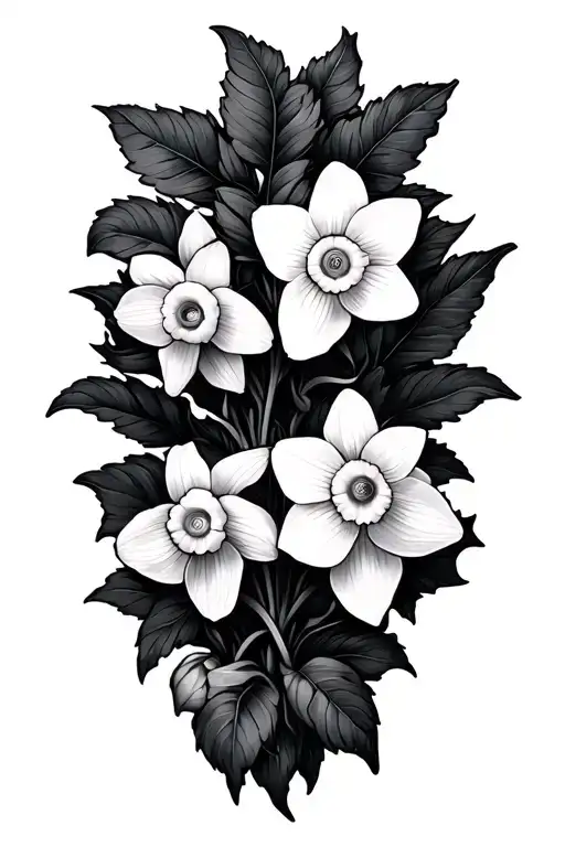 Mayflower And Daffodil Flowers With Dark Vines And Leaves