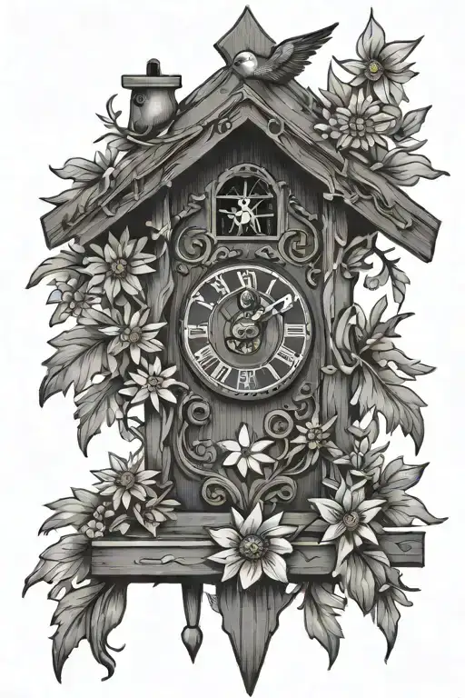 Simple German Cuckoo Clock With Edelweiss Flowers Surrounding