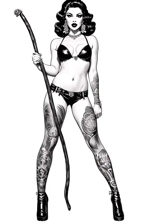 Pin Up Girl Full Body Black And Grey Holding Long Stick Between Legs