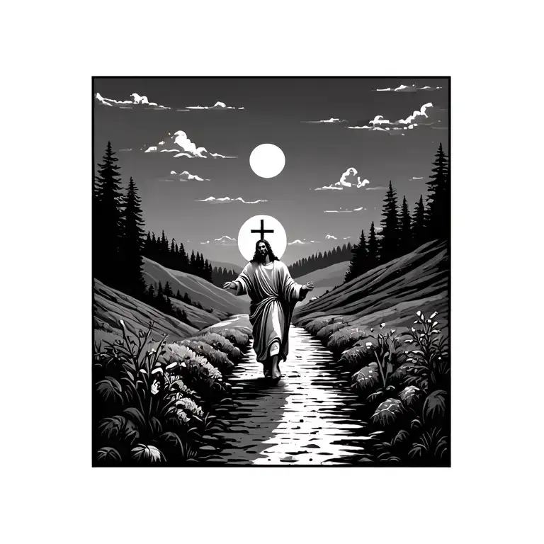 Jesus Walking Up A Path Landscape