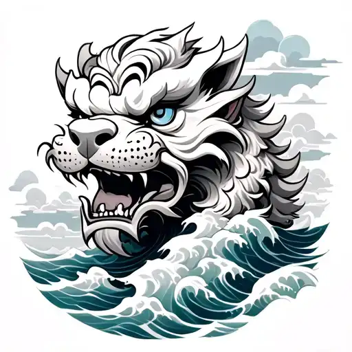 Foo Dog With Waves And Clouds
