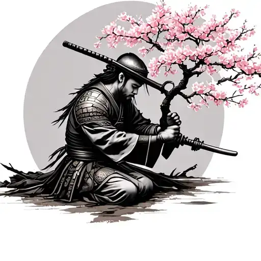 Samurai Warrior Kneeling At A Cherry Blossom Tree Head Bowed