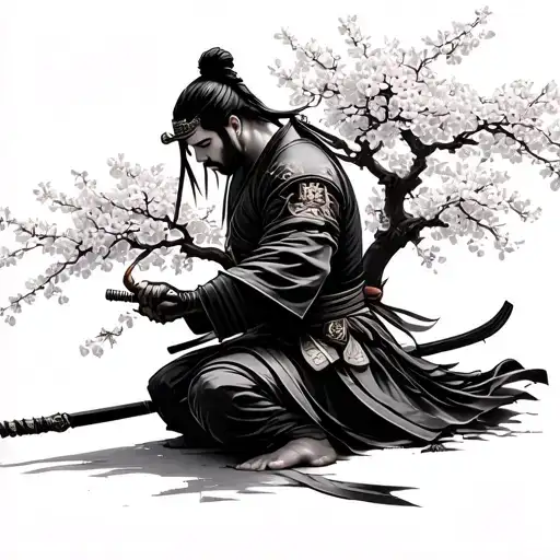 Samurai Warrior Kneeling At A Cherry Blossom Tree Head Bowed