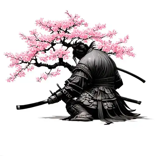 Samurai Warrior Kneeling At A Cherry Blossom Tree Head Bowed
