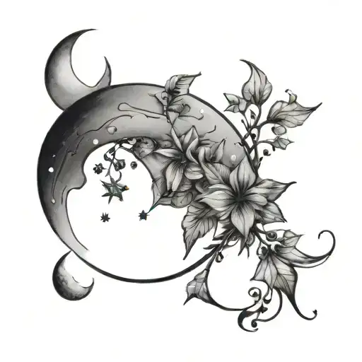 Small Crescent Moon Tattoo With Stars And Small Plants