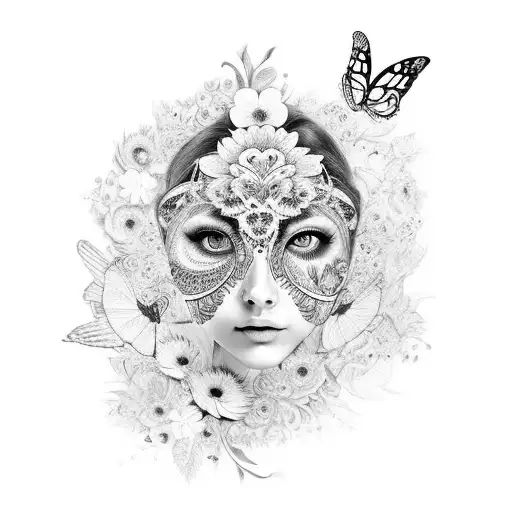 Woman's Face With An Owl Head-dress Surrounded By Butterflies And Flowers And Mandalas