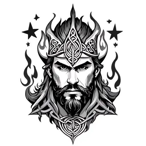 Face Of A Celtic Warrior Surrounded By Flame And Stars