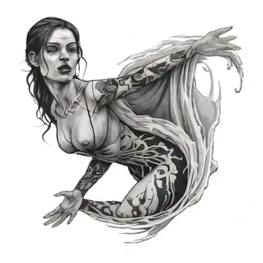 Woman As If She Were Coming Out Of The Water With Her Body Stitched Up