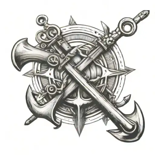 Two Rifles Crossed Behind A Boat Anchor