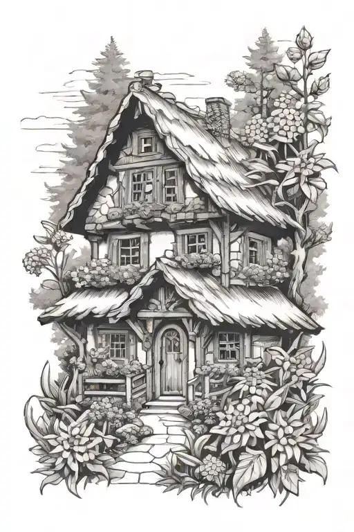 German Cottage Surrounded By Edelweiss Flower