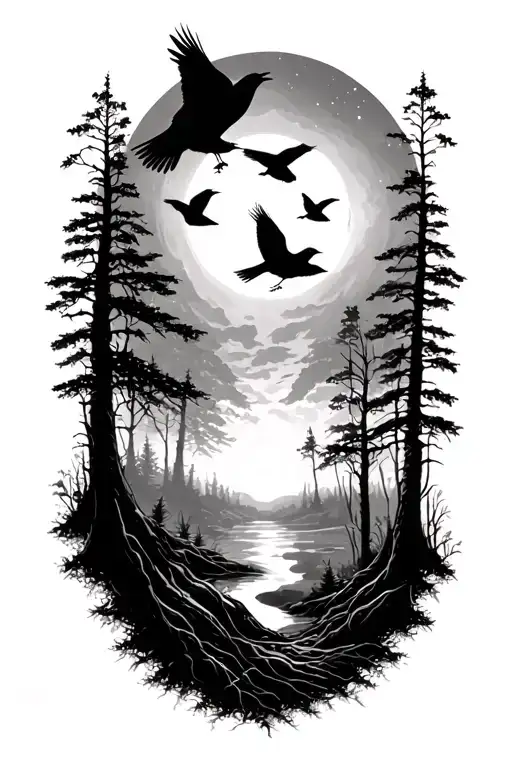 Woods Line With Crows Flying From Them And The Sun And Moon