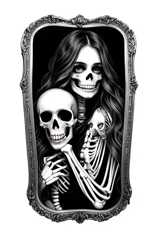 Beautiful Woman Holding Mirror With Reflection Skeleton