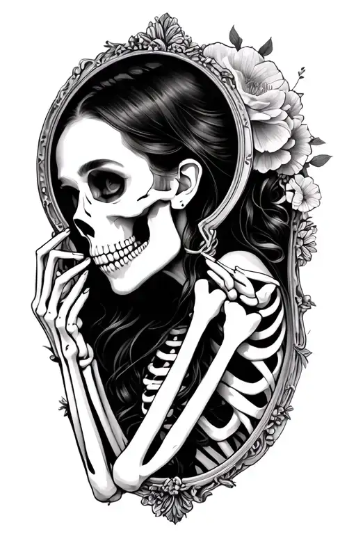 Beautiful Woman Holding Mirror With Reflection Skeleton
