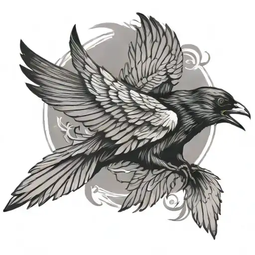 Black Bird Whith Flying Opwn Wings And Feathers