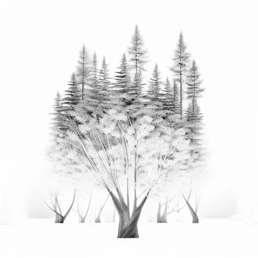 A Mystical Forest Scene With Trees Made Of Guitar Necks And Drumsticks