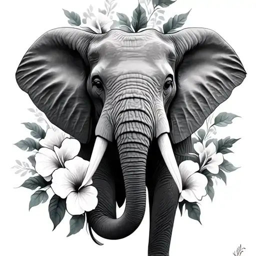 Elephant Face Surrounded By Hibiscus Flowers