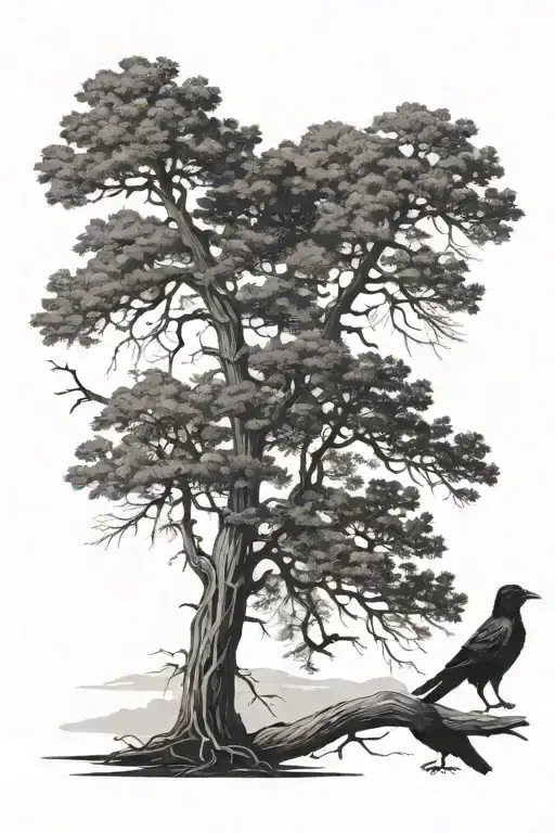 Black And White Silhouettes Of Two Sequoia Trees And Their Roots Intertwined With A Raven In Fog