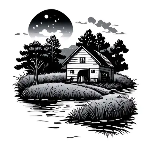 Simple Line Tattoo Of Small Farm With Creek And A Tree
