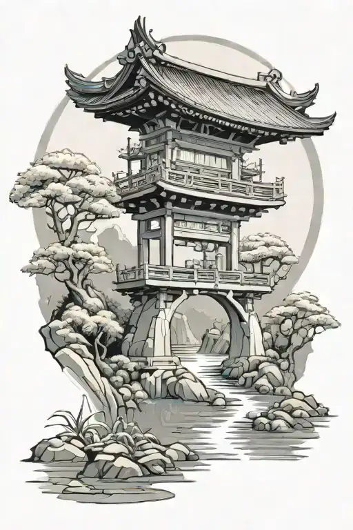 Japanese Kaizen Ji Temple Gate With River With Moon Reflecting
