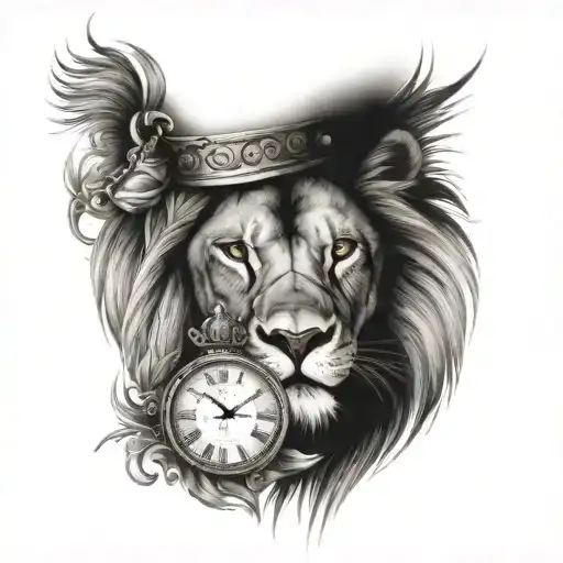 Lion With A Crown And Clock With A Shadow Of A Woman And Her Son