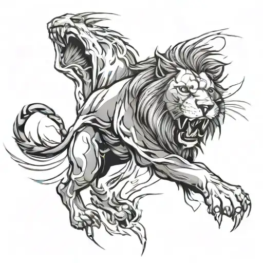 Lion Biting Lightning Bolt Intertwined