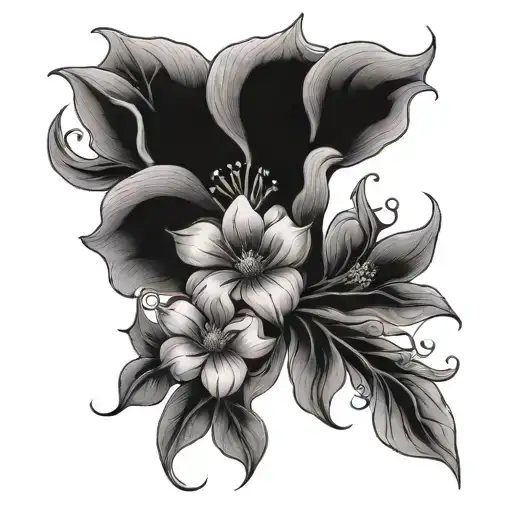 A Black-grey Tattoo Of Anna's Favorite Flower Intertwined With A Mother-child Symbol
