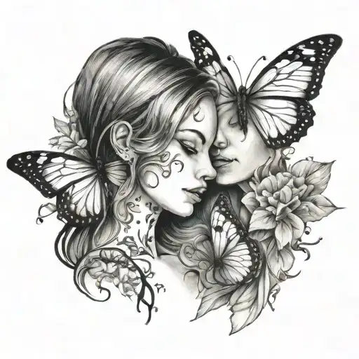 Mother And Daughter And Butterflies