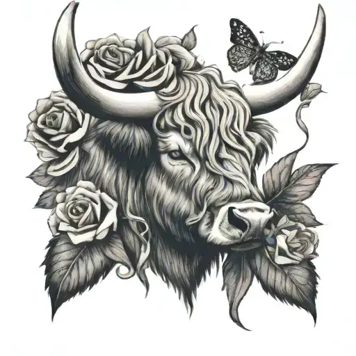 Highland Cow Skull With Rose And Butterfly Crown