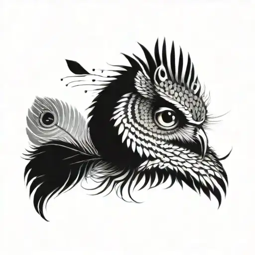 Owl Head And Peacock Feather
