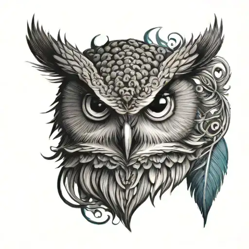 Owl Head With Peacock Feather Intertwined