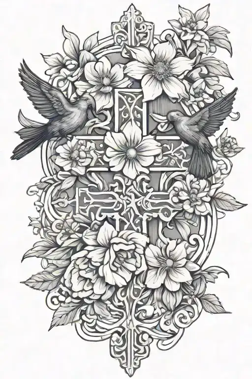 Daffodil Narcissus Calendula Carnation Flowers Intertwined With A Cross And Three Black Doves