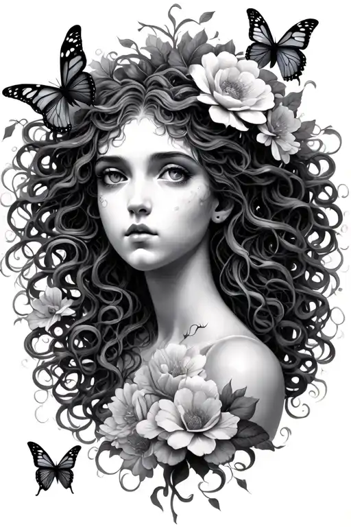 Medusa With Flowers And Butterflies