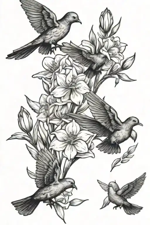 Carnation Daffodil Marigold Narcissus And Three Black Doves Flying