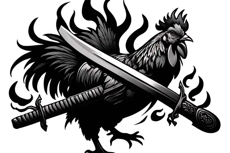 Samurai Sword Under A Rooster With Flames Behind It