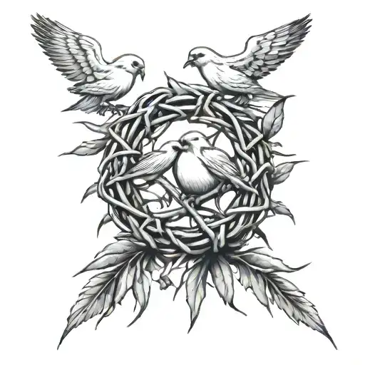Crown Of Thorns With Olive Branches And Three Doves