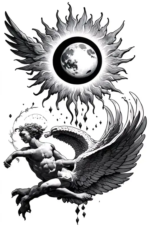 Big Sun And Moon Intertwined Above A Falling Icarus