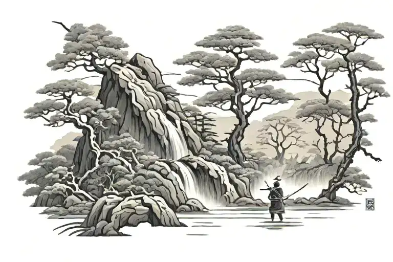 Japanese Nature With Trees Where Samurai Hold The Katana