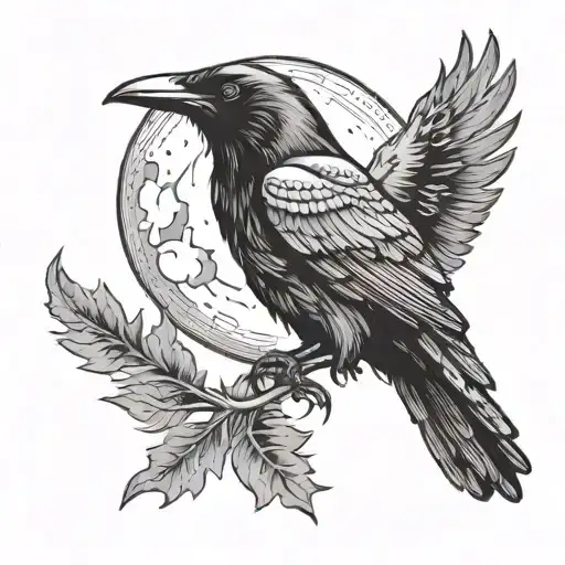 Raven With Moon Background Black And White