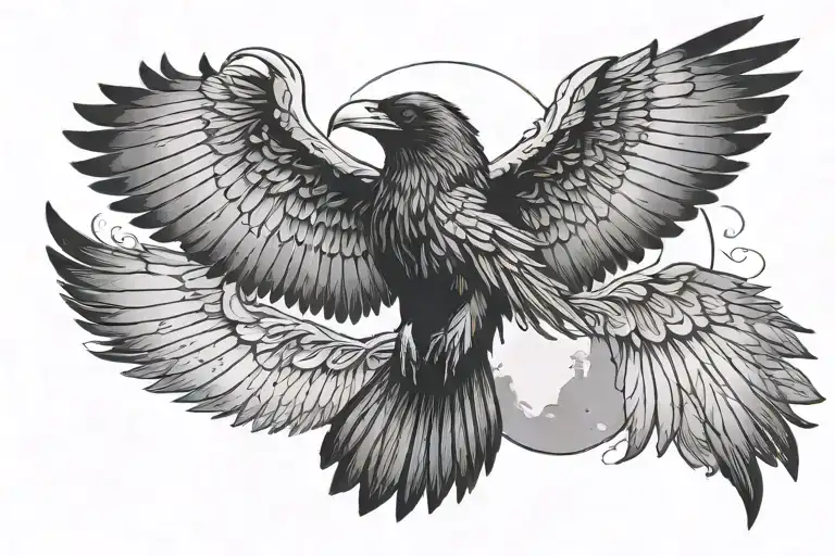 Raven With Spread Wings And Moon Background