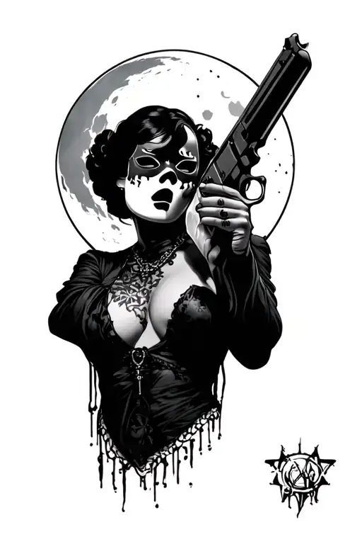 Mask Of A Prostitute Holding Gun Under Moon