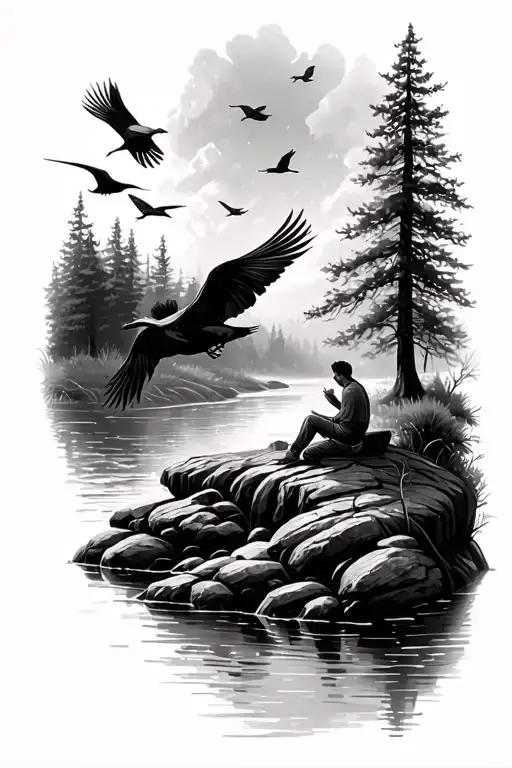Forest Scene With Birds Flying And River Flowing And Father And Son Sitting On The Bank Of The River