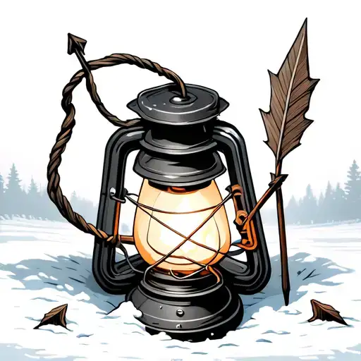 A Lantern Lit With An Arrow That Has Fallen And Landed In The Snow Next To It
