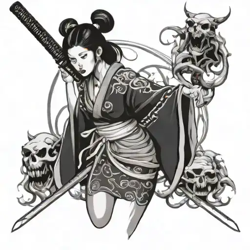 Japanese Woman With A Katana Among Demons