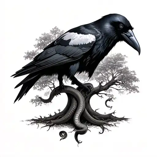Big Tree With Raven And Snake In Front On A Full Back