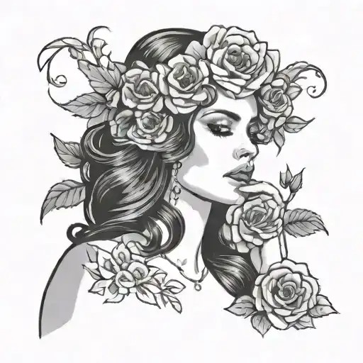A Minimalist Black And Grey Tattoo Of Lana Del Rey Smoking With Her Signature Flower Crown