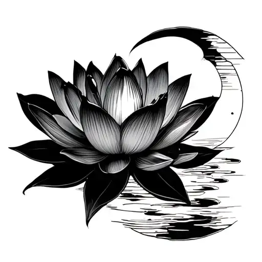 Lotus Flower With Moon Tine Line Work