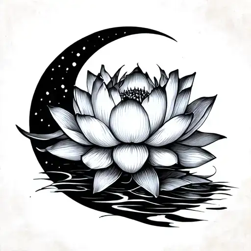 Lotus Flower With Moon Small Fine Line